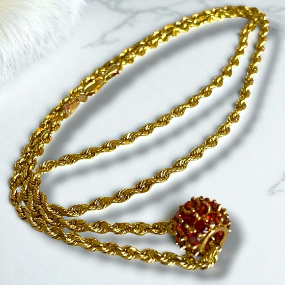 Vintage 14k Gold 4.5 CTW Garnet Ball Charm Pendant 24” Rope 3mm Chain Necklace! - Picture 10 of 16